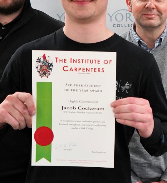 Jacob Cockeram, apprentice bench joiner at York College received one of the two Highly Commended certificates.