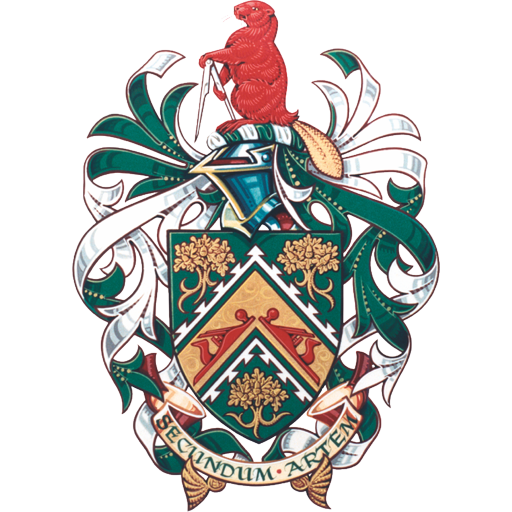 The full coat of arms of the Institute of Carpenters: shield, helm, beaver crest holding compasses, green and silver mantling and the motto Secundum Artem